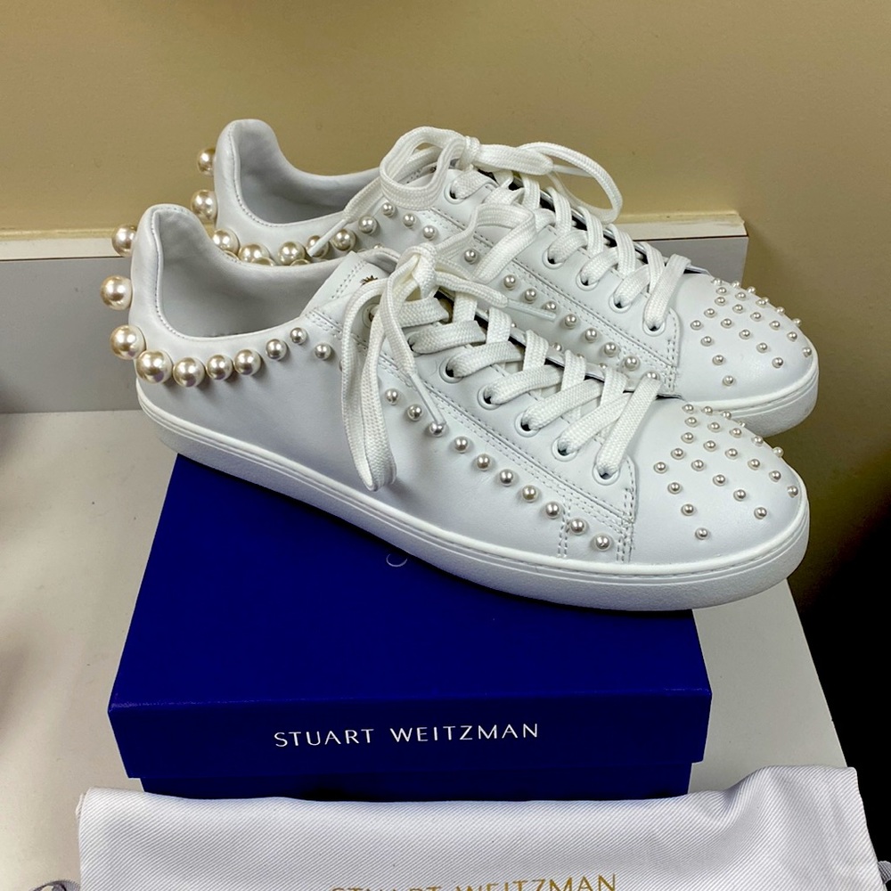 Stuart Weitzman Gorgeous Pearl White Leather Sneakers
